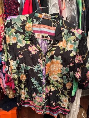 Johnny Was Black Floral Button-Up Top with Orange & Green Blooms